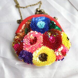 Sequin Bag Santi  Embroidery Flowers Red Coin Purse Festival Hippie Boho Exc